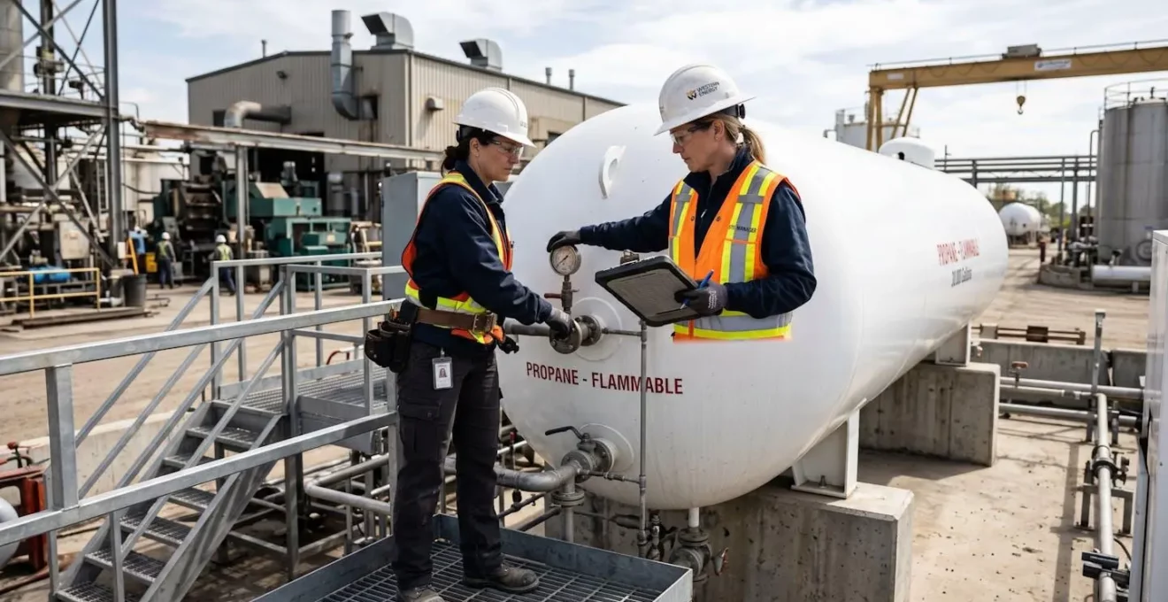 Directeur d'exploitation en tenue de sécurité devant une citerne de gaz propane sur un site industriel