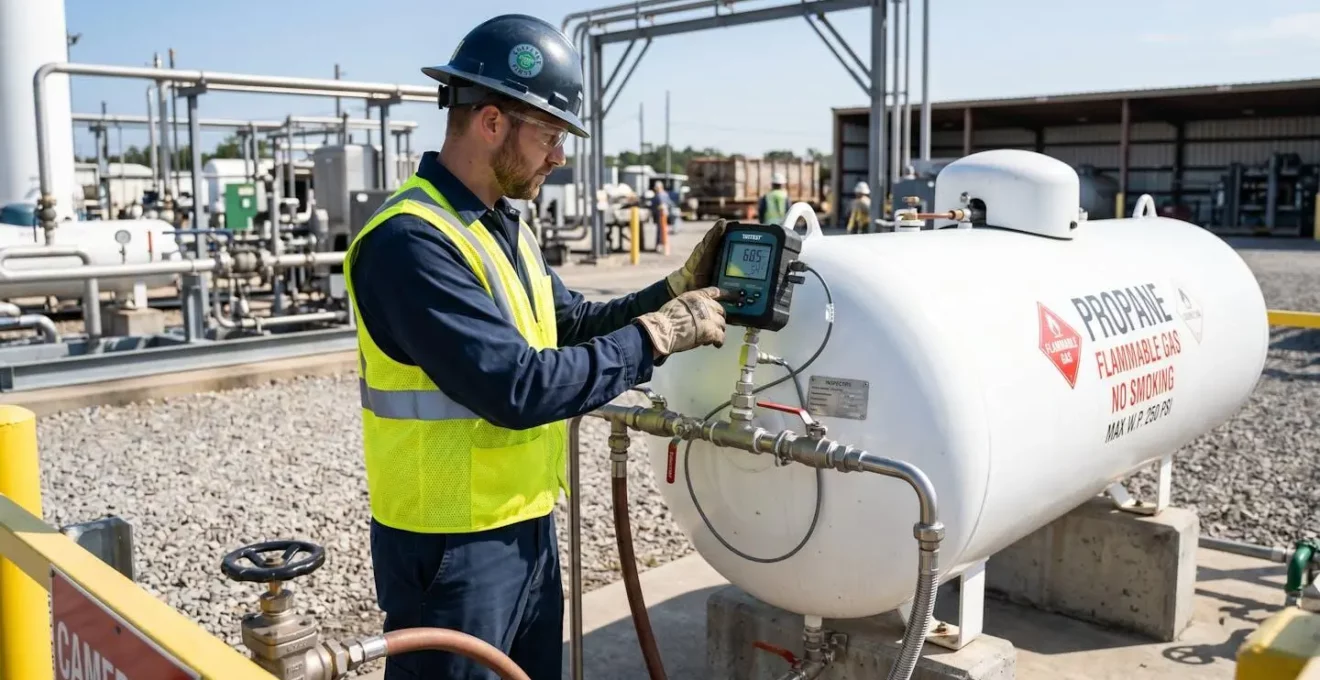 Technicien consultant une jauge connectée sur une citerne de gaz propane dans un environnement industriel