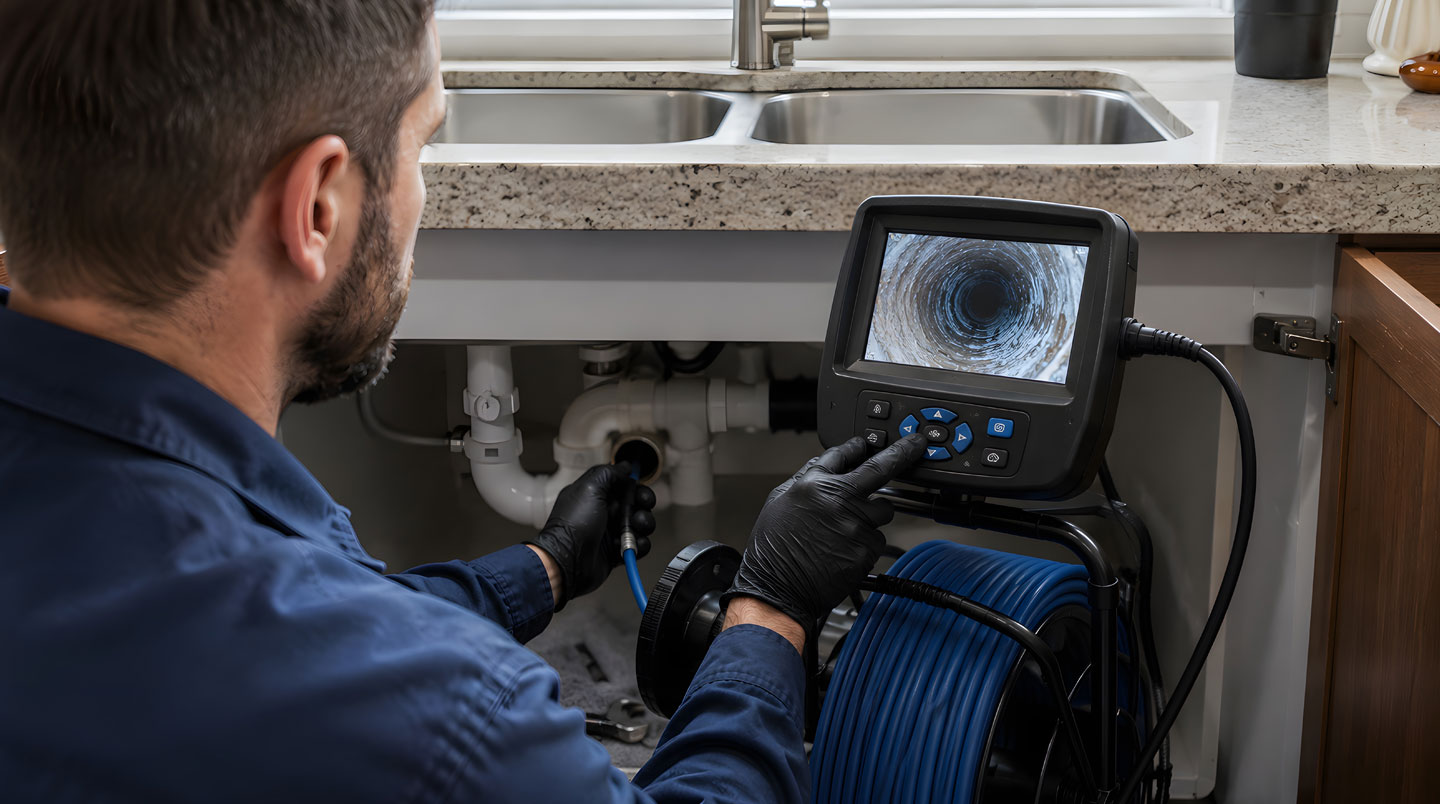 Technicien plombier professionnel consultant l'écran d'une caméra d'inspection de canalisation avec câble endoscopique, dans un contexte de service mobile au Québec