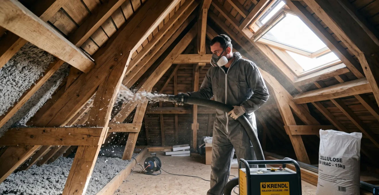 Artisan projetant de la ouate de cellulose grise entre les chevrons d'une charpente traditionnelle en bois dans des combles en cours d'aménagement, lumière naturelle traversant une fenêtre de toit