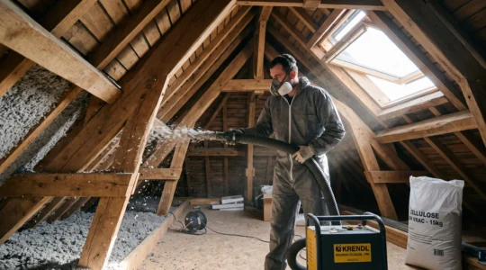 Artisan projetant de la ouate de cellulose grise entre les chevrons d'une charpente traditionnelle en bois dans des combles en cours d'aménagement, lumière naturelle traversant une fenêtre de toit