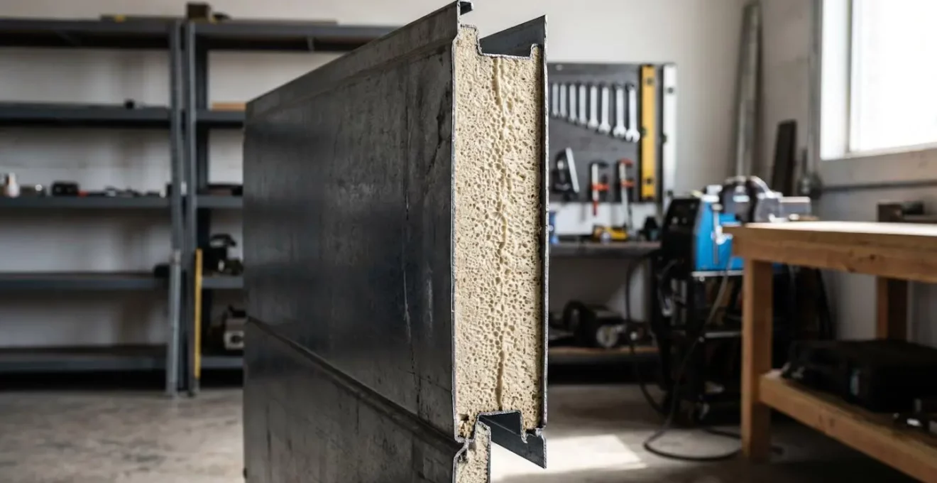 Coupe transversale détaillée d'un panneau de porte de garage sectionnelle montrant la structure multicouche avec isolation polyuréthane épaisse entre panneaux d'acier galvanisé