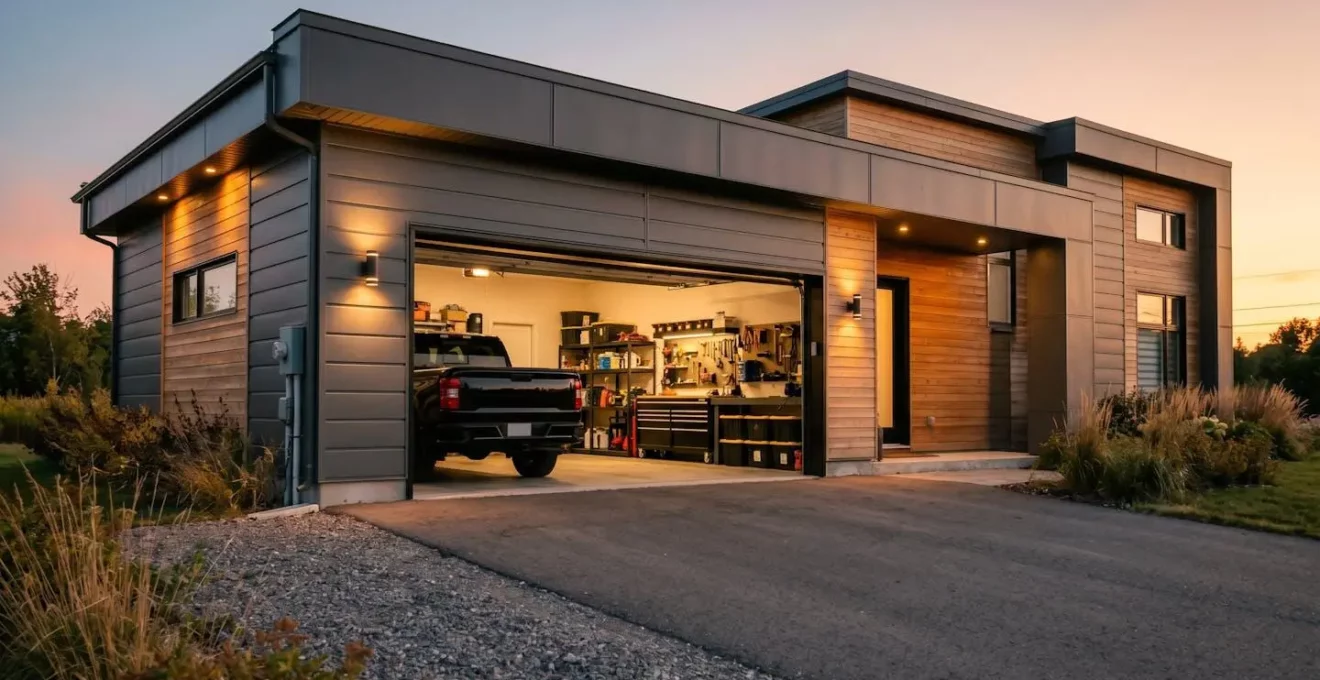 Façade de maison contemporaine de la Rive-Sud de Montréal avec porte de garage sectionnelle double ouverte révélant l'intérieur organisé et éclairé au crépuscule