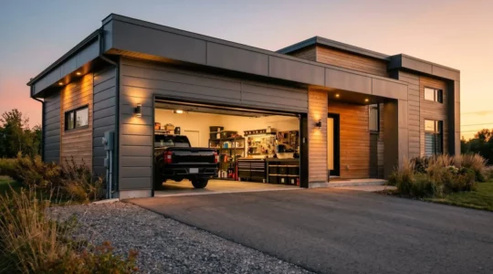 Façade de maison contemporaine de la Rive-Sud de Montréal avec porte de garage sectionnelle double ouverte révélant l'intérieur organisé et éclairé au crépuscule