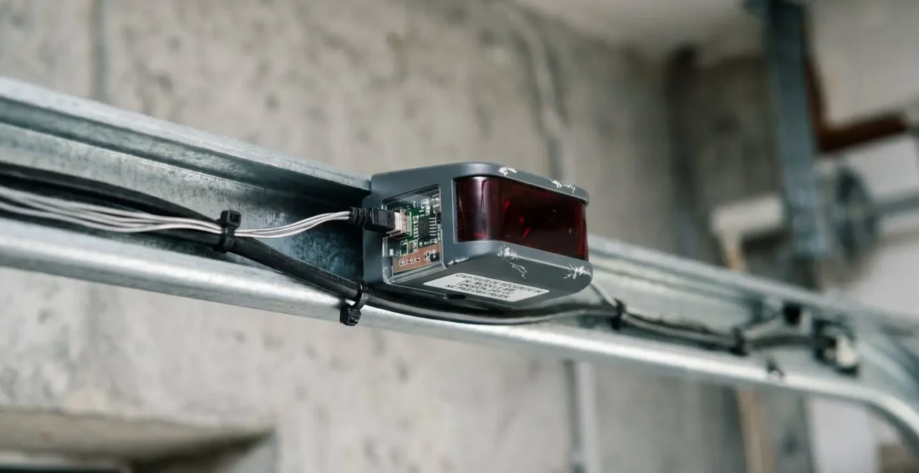 Gros plan du mécanisme de motorisation avec capteur optique infrarouge monté sur le rail latéral d'une porte de garage sectionnelle dans un environnement résidentiel moderne