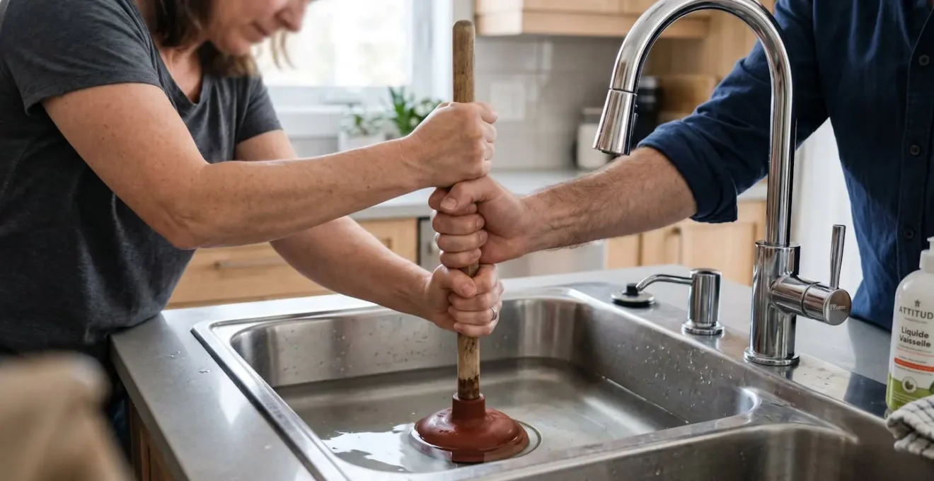 Mains d'un adulte utilisant correctement une ventouse en caoutchouc sur le drain d'un évier de cuisine moderne, avec eau visible recouvrant la coupelle