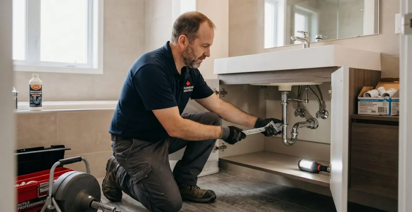 Plombier professionnel en intervention dans une salle de bain résidentielle moderne à Montréal, agenouillé pour inspecter un siphon de lavabo avec outils spécialisés à portée de main
