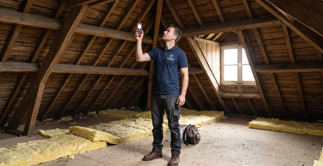 Professionnel du bâtiment mesurant la hauteur sous faîtage avec un télémètre laser dans des combles non aménagés avec charpente traditionnelle apparente et isolation jaune au sol