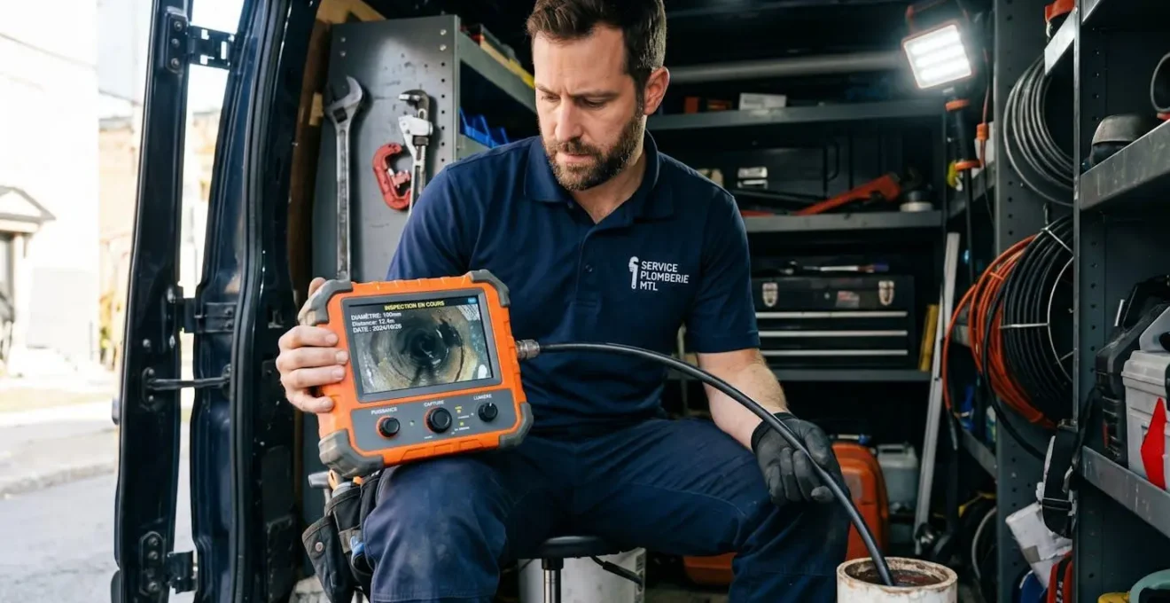 Technicien plombier professionnel consultant l'écran d'une caméra d'inspection de canalisation avec câble endoscopique, dans un contexte de service mobile au Québec