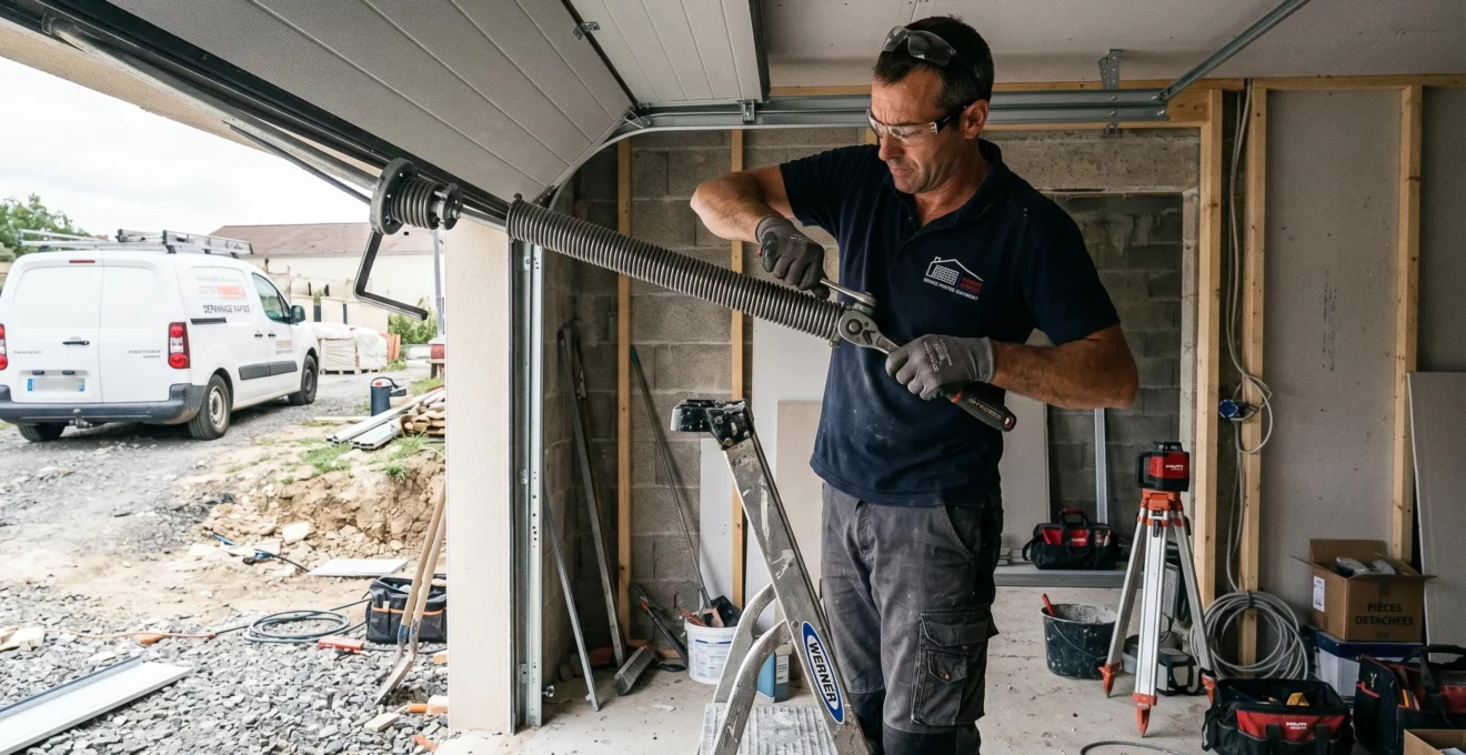 Technicien professionnel en vêtements de travail ajustant avec précision le mécanisme de ressort de torsion d'une porte de garage sectionnelle en cours d'installation dans un garage résidentiel