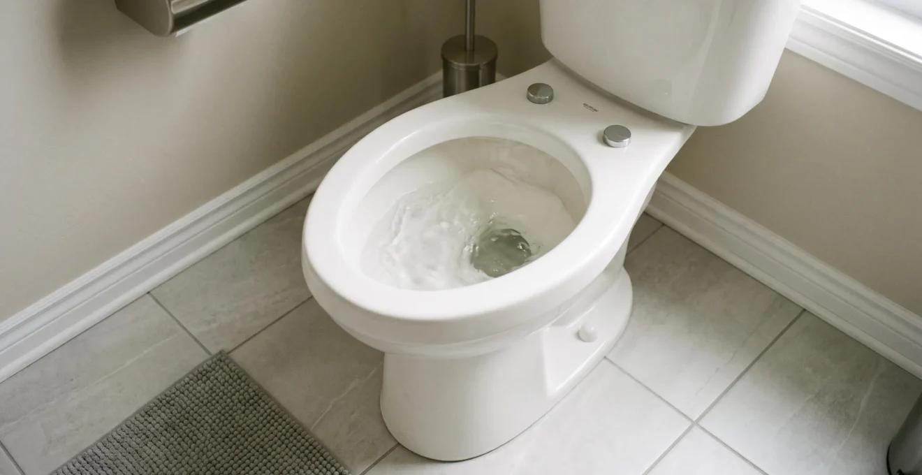 Vue sur une cuvette de toilette moderne avec niveau d'eau anormalement élevé indiquant un bouchon, dans une salle de bain résidentielle contemporaine