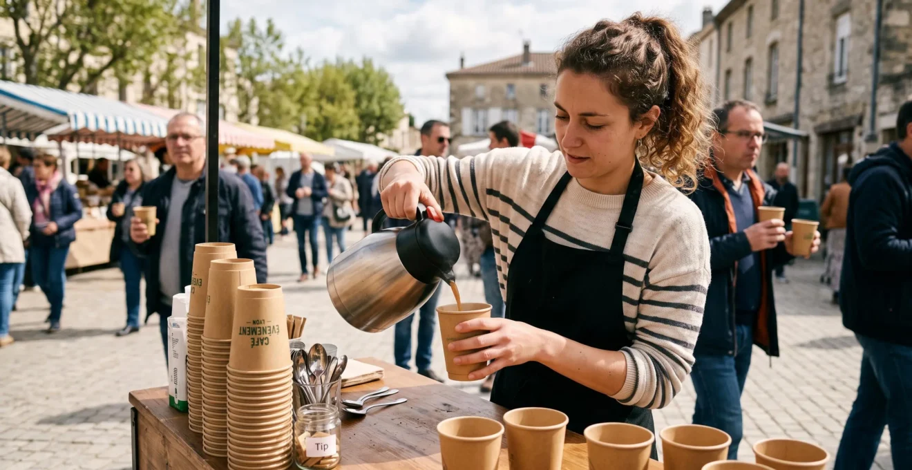 Serveur distribuant des boissons dans des gobelets carton lors d'un événement extérieur temporaire