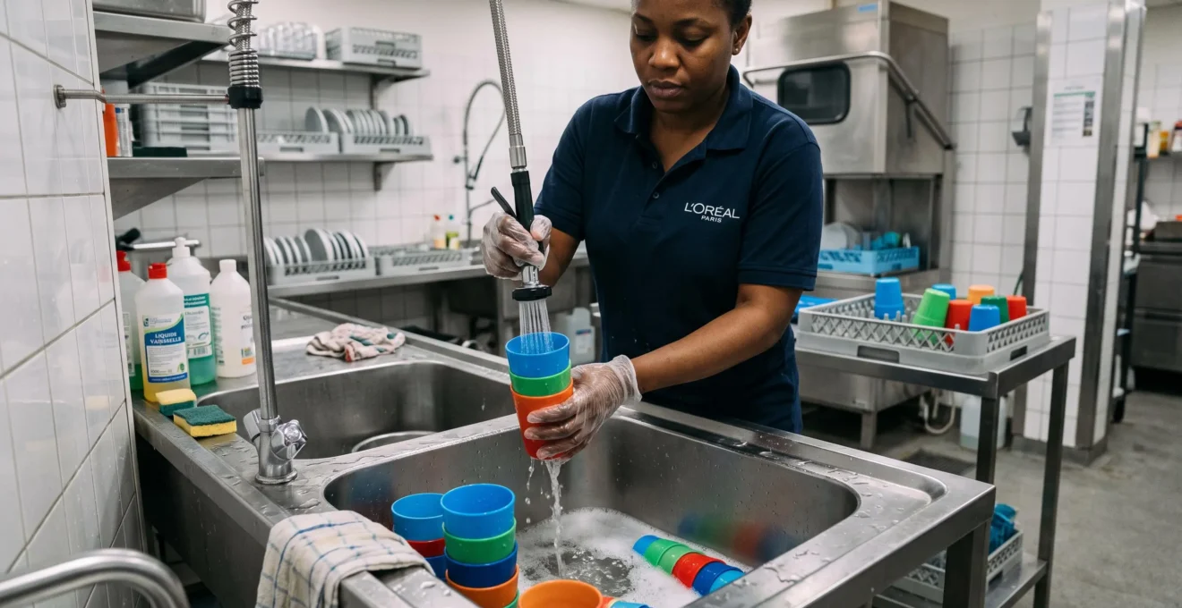 Employé lavant des gobelets réutilisables dans un évier professionnel de cuisine d'entreprise
