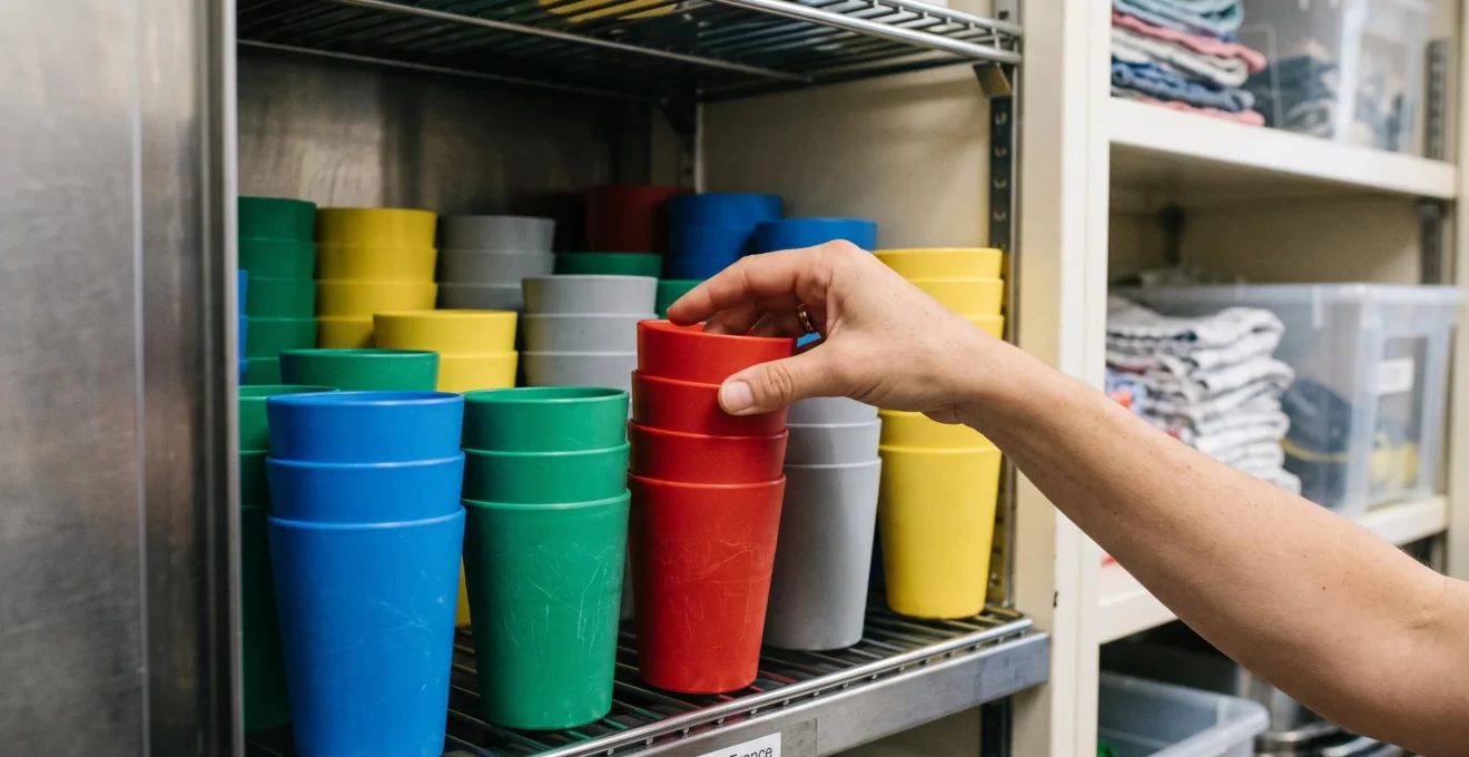 Piles de gobelets réutilisables colorés organisés dans un placard de cuisine professionnelle